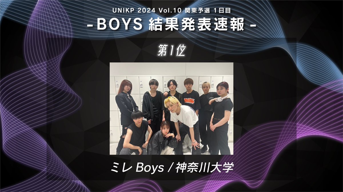unikp_official's tweet image. ［ UNIKP 2024 Vol.10 関東予選 ］
✅BOYS RESULT💫

𝗕𝗢𝗬𝗦 𝟭位  
【ミレBoys/神奈川大学】 🏆✨

おめでとうございます🎉 力強いパフォーマンスをありがとうございました🔥

#UNIKP #KPV10 #kpop