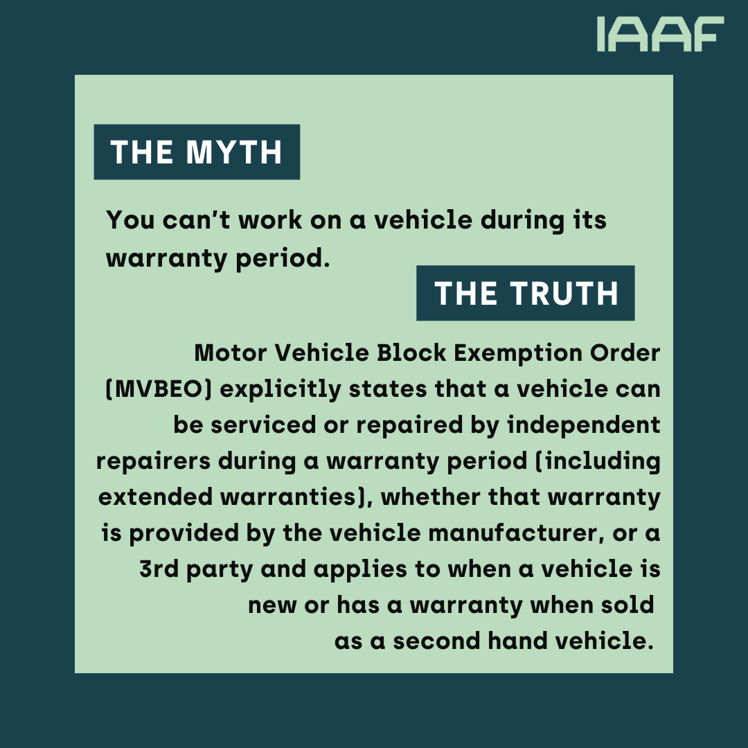 Did you know?

The Motor Vehicle Block Exemption Order (MVBEO) lets independent repairers service your car, even during the warranty period. 

#IAAFMyths