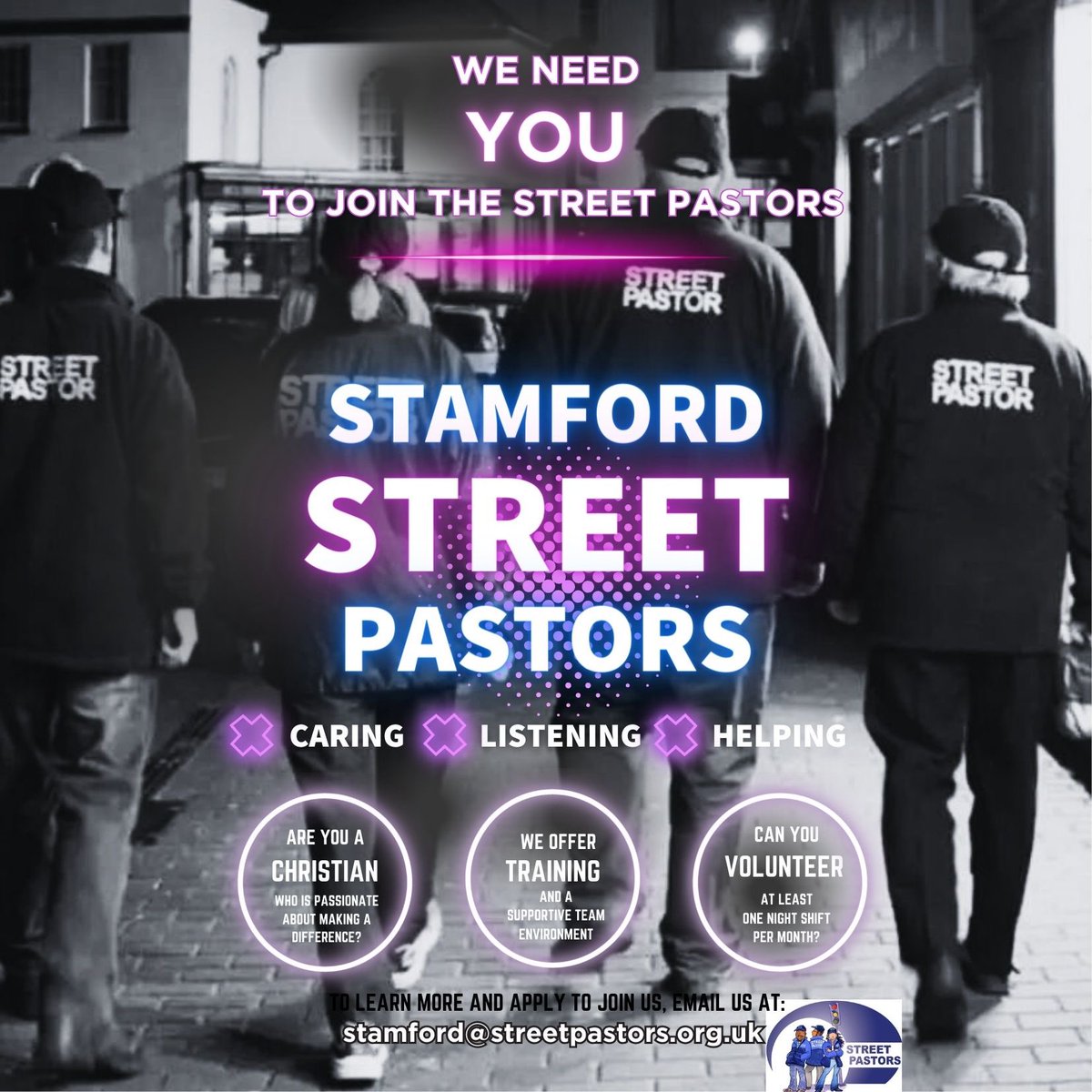 We need YOU to join Stamford Street Pastors! 
Are you a Christian who is passionate about making a difference?
We offer Training and a supportive team environment.
Can you Volunteer at least one night shift per month? 
stamford@streetpastors.org.uk
#Caring #Listening #Helping