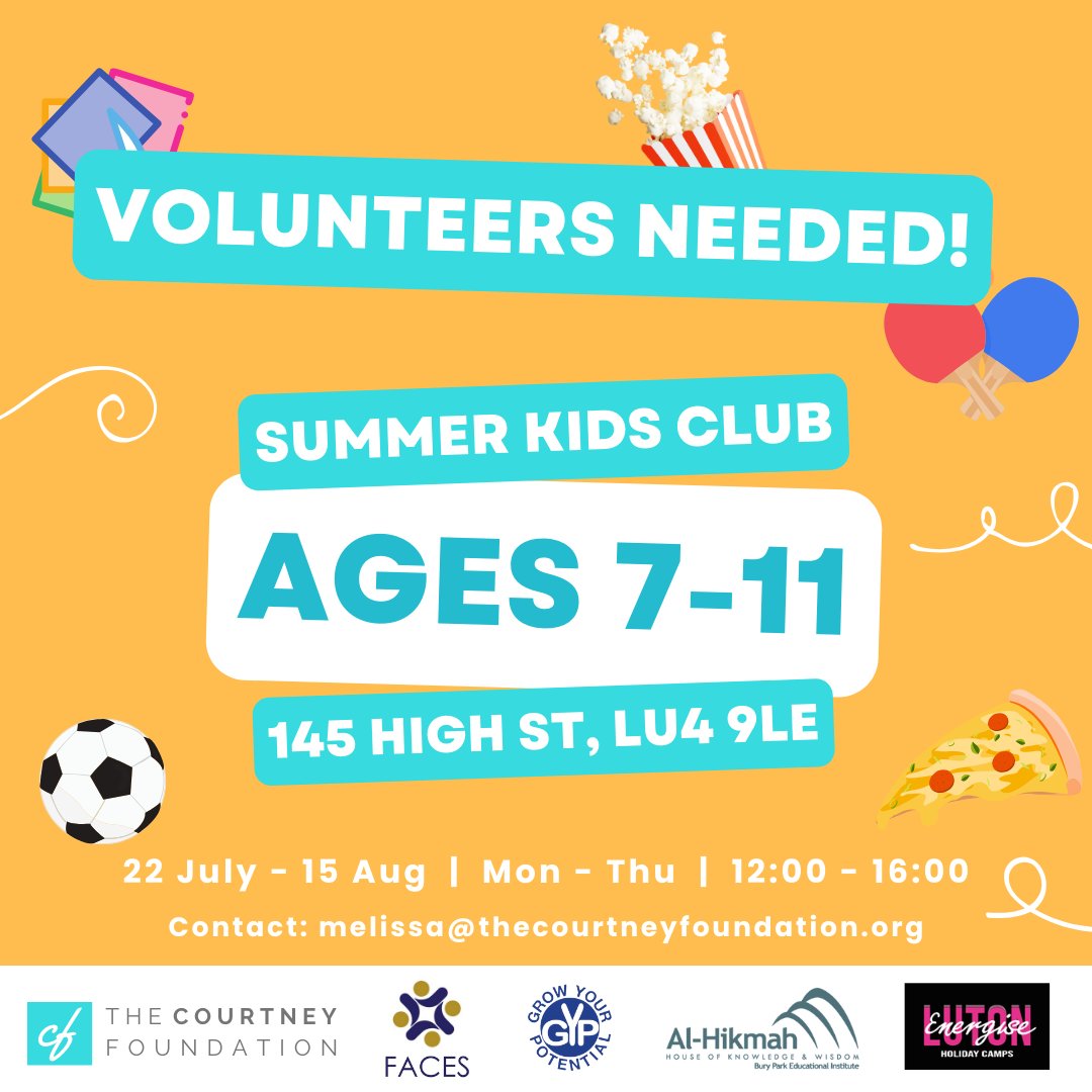 The Courtney Foundation (@courtneyfndn) on Twitter photo We have a range of crafts, games, competitions and workshops on offer at our FREE summer club, starting at the end of the month!
Places can be booked here: tinyurl.com/tcfkids2
If you're interested in volunteering, please email us at melissa@thecourtneyfoundation.org We have a range of crafts, games, competitions and workshops on offer at our FREE summer club, starting at the end of the month!
Places can be booked here: tinyurl.com/tcfkids2
If you're interested in volunteering, please email us at melissa@thecourtneyfoundation.org