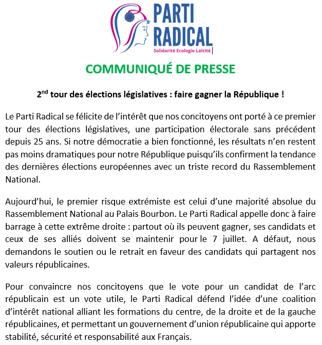 PartiRadical's tweet image. 📣Communiqué du @PartiRadical : 2nd tour des élections #LegislativesAnticipées2024 : Faire gagner la #République !
Retrouvez l'intégralité du communiqué ci-dessous ou sur :  bit.ly/3VPA7ou