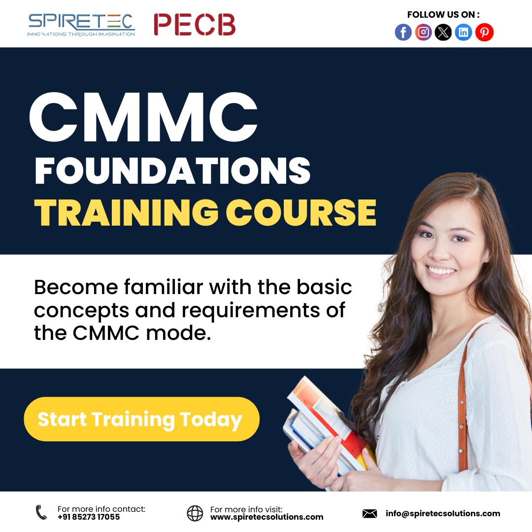 Spiretec_Train's tweet image. Join CMMC Foundations Training Course From SpireTec Solutions!  
Describe the basic concepts, definitions, and approaches of the CMMC model. Get acquainted with the CMMC levels, domains, and practices.  
Visit us at: spiretecsolutions.com
#CMMCTraining #SpireTecSolutions