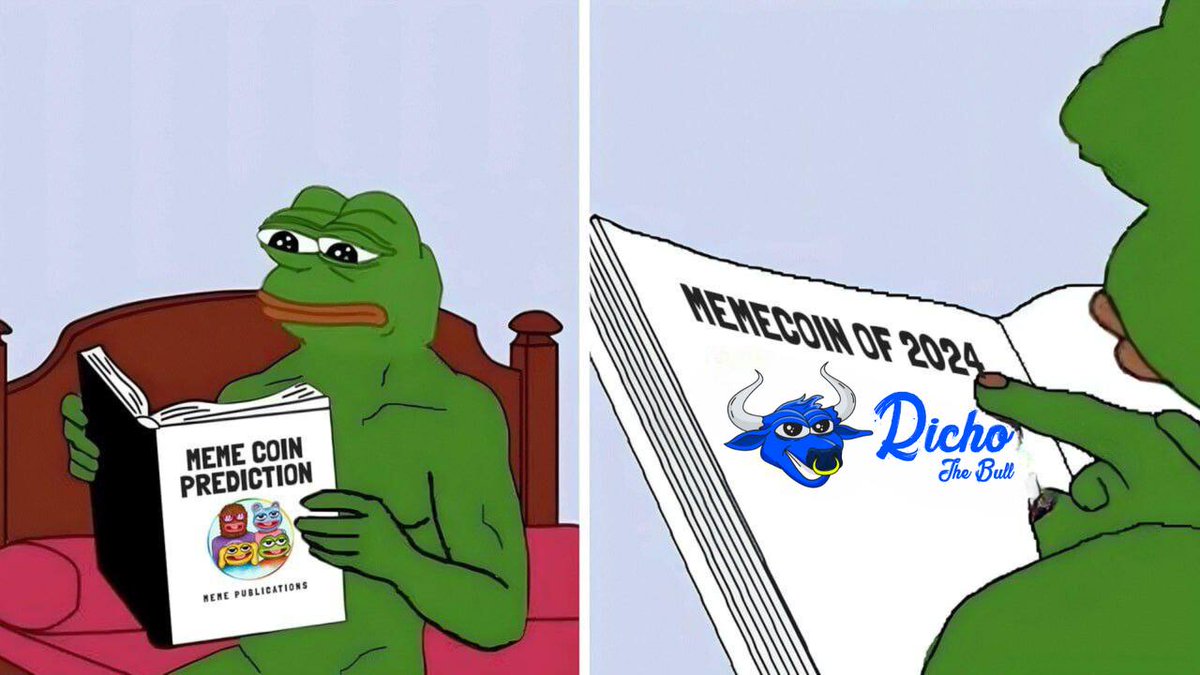 #PEPE  just cracked open the Meme Coin Prediction book and guess who’s reigning supreme for 2024? #RichoTheBull, baby! 🐂🚀 
Get ready for the bullish gains and #MemeCoin madness!  
Let's go, Bulls!!