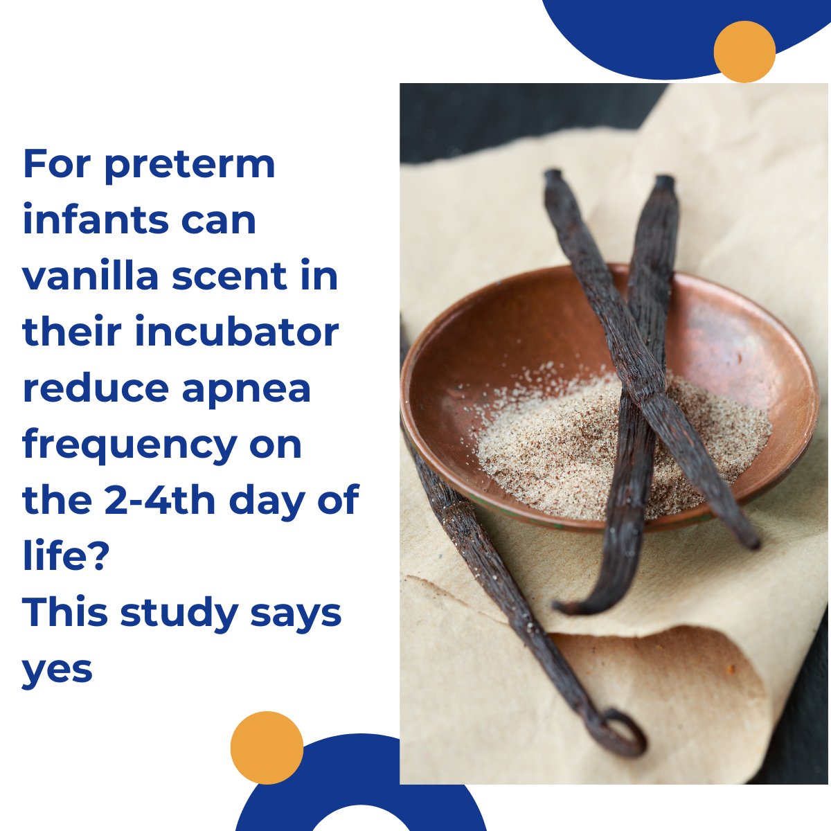 Not only in #vanilla a pleasing scent to many adults but it may have a beneficial effect on preterm infants as well.

Are there any units that have tried this to help reduce apnea?  What did you find if you use it?
pubmed.ncbi.nlm.nih.gov/31241826/
#neoTwitter #aromatherapy