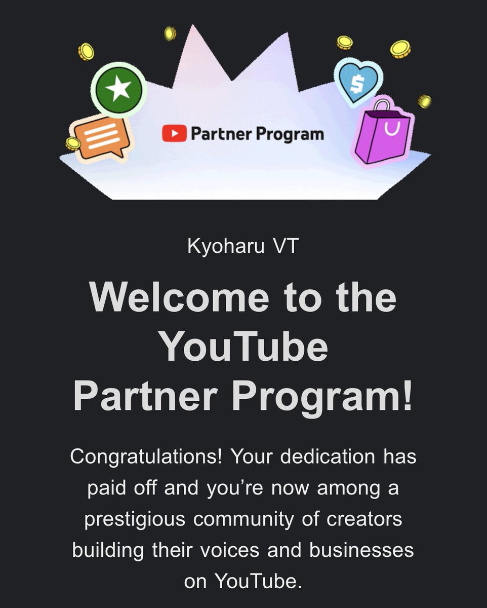 KyoharuVT's tweet image. After a life time we finally made it into the #YouTubePartnerProgram !!!!! Thank you guys so much for the help. We technically still need 1k more watch hours in order to get other monetization but this is such an amazing accomplishment I never expected 😭❤️❤️