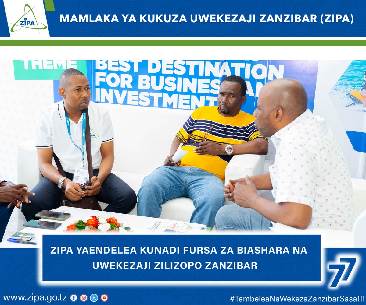 Mamlaka ya Kukuza Uwekezaji Zanzibar (ZIPA) inaendelea kuzitanga fursa za biashara na Uwekezaji zilizopo Zanzibar katika Maonesho ya Kimataifa ya 48 ya Biashara (Saba Saba) yanayofanyika viwanja vya Saba Saba Dar es Salaam

#visitzanzibar
#wekezazanzibar
#investinzanzibar