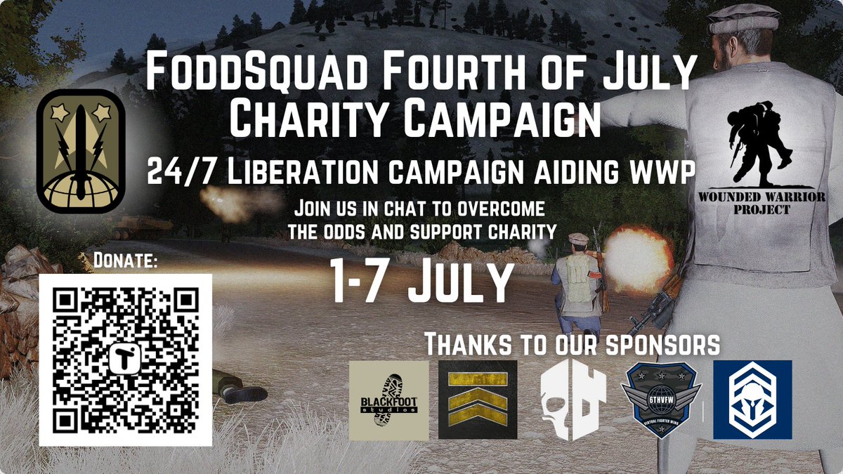 We're running a charity Arma 3 Liberation Campaign!  

For every city we capture, our sponsors have committed to donating $175 to <a href="/wwp/">WWP</a> 

If we can finish this campaign by the end of the week, we unlock EVEN MORE kicker donations for WWP! 1/