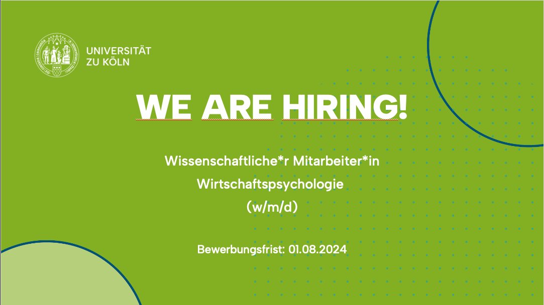 🆕Wir suchen Verstärkung am Institut für Soziologie und Sozialpsychologie!   

Wissenschaftliche*r Mitarbeiter*in:
Wirtschaftspsychologie, ab 01.10.2024, TV-L 13, 50%,  3 Jahre  

 Weitere Informationen 👉uni.koeln/DEUJY
 #jobs #stellenangebote
