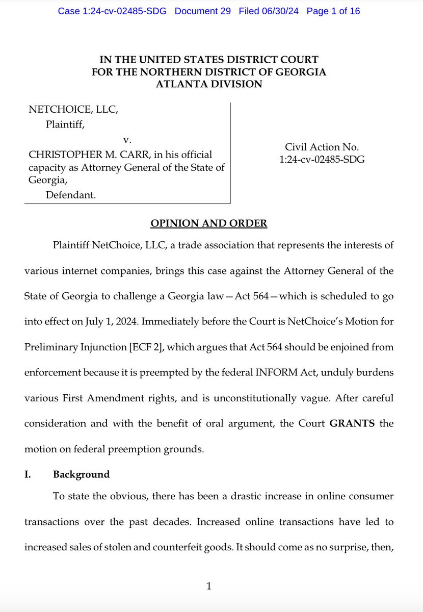 NEW: District Court HALTS Unconstitutional GA Law in NetChoice v. Carr

ATLANTA—On Sunday, the U.S. District Court for the Northern District of Georgia halted Georgia’s unconstitutional INFORM Act amendments in its Act 564 from going into effect today while our case, NetChoice v.