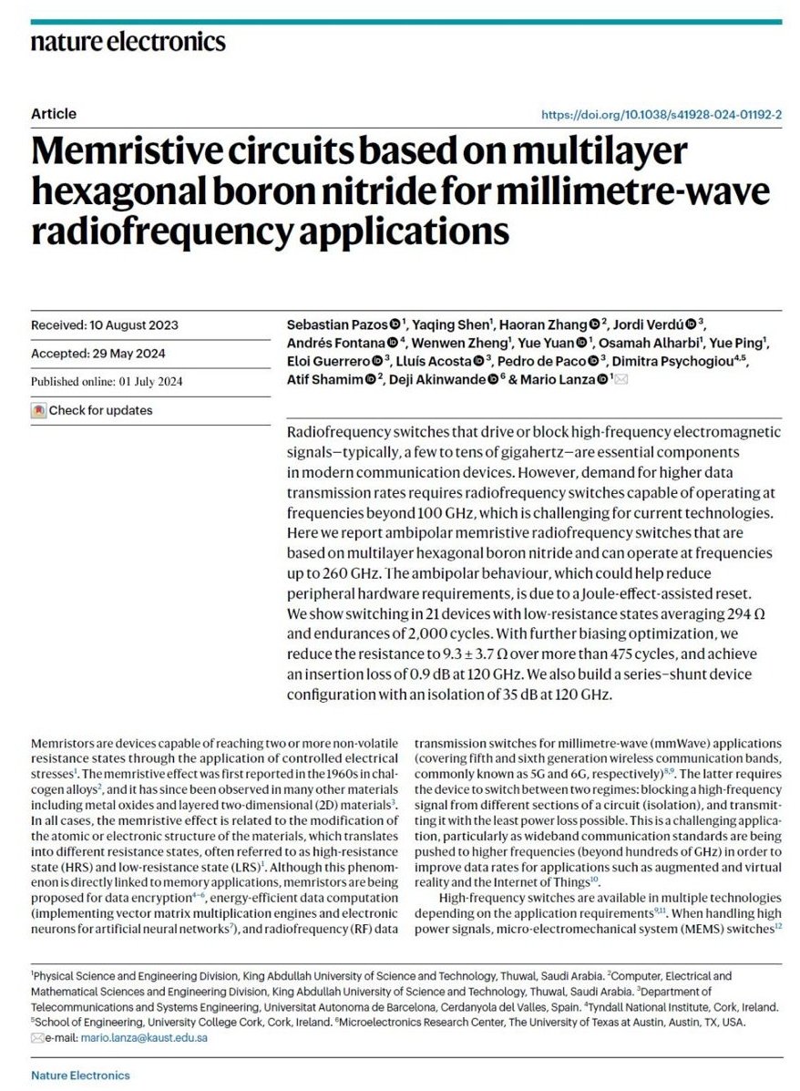 Sebastián Pazos (@pazosseba) on Twitter photo Our latest research is out with <a href="/SpringerNature/">Springer Nature</a> in <a href="/NatureElectron/">Nature Electronics</a> ! We demonstrate switching circuits for mmWave 5G/6G applications using hexagonal boron nitride memristors. Read and share for free at rdcu.be/dMm5T. Our latest research is out with <a href="/SpringerNature/">Springer Nature</a> in <a href="/NatureElectron/">Nature Electronics</a> ! We demonstrate switching circuits for mmWave 5G/6G applications using hexagonal boron nitride memristors. Read and share for free at rdcu.be/dMm5T.