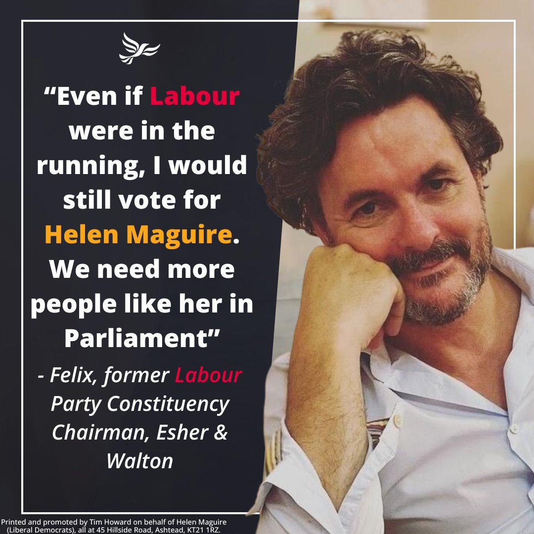 helenmaguiremp's tweet image. &quot;Even if Labour were in the running, I would still vote for Helen Maguire. 
We need more people like her in Parliament.&quot;
- Felix Riley, former Labour Party Constituency Chairman, Esher &amp;amp; Walton
Thank you, Felix 🔶🙏
For real change and a #FairDeal here, #VoteLibDem on 4 July 🔶