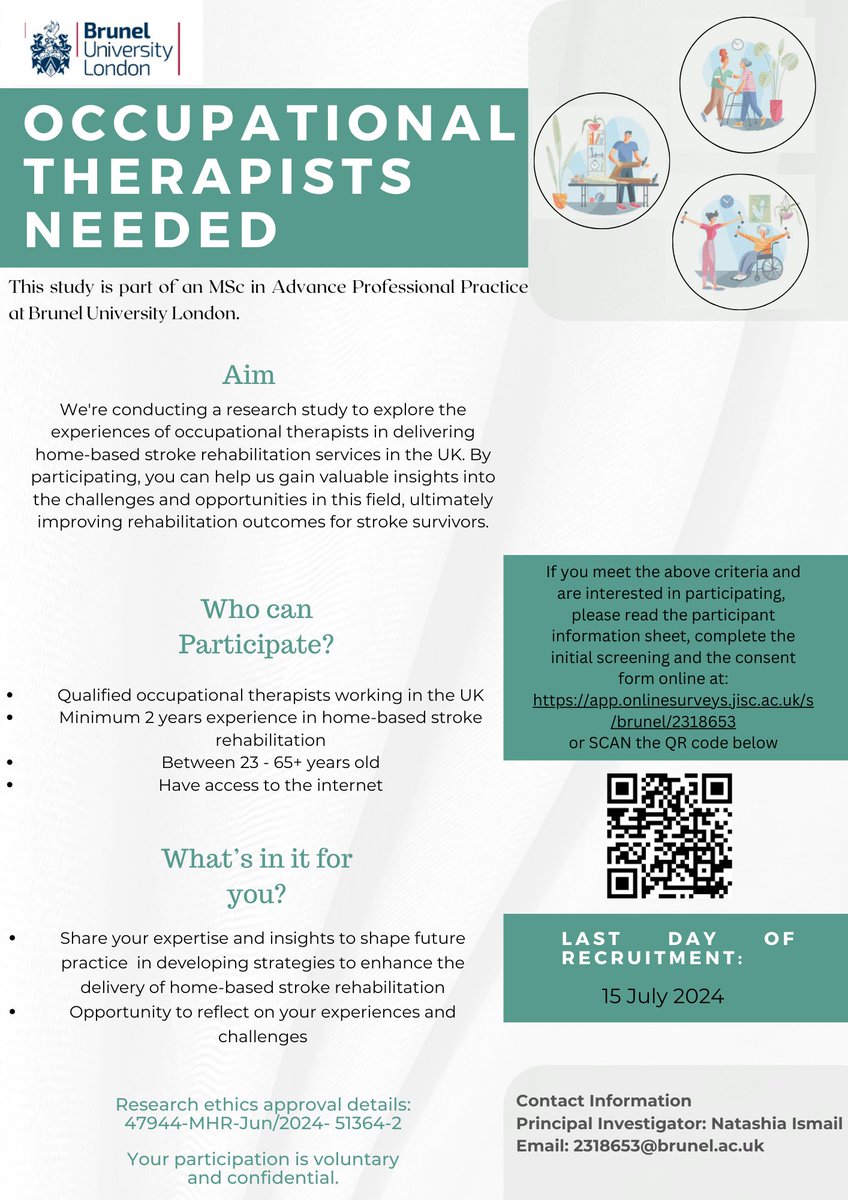 Natashia Ismail (@natashiai70280) on Twitter photo 🚨 Calling all Occupational Therapists!
I'm conducting a study on OTs Experiences of Home Stroke Rehabilitation in the UK. Your insights into its challenges and opportunities are invaluable! :) Interested? Find out more here: app.onlinesurveys.jisc.ac.uk/s/brunel/23186……
<a href="/RCOT_NP/">RCOT Neuro Practice</a> 🚨 Calling all Occupational Therapists!
I'm conducting a study on OTs Experiences of Home Stroke Rehabilitation in the UK. Your insights into its challenges and opportunities are invaluable! :) Interested? Find out more here: app.onlinesurveys.jisc.ac.uk/s/brunel/23186……
<a href="/RCOT_NP/">RCOT Neuro Practice</a>