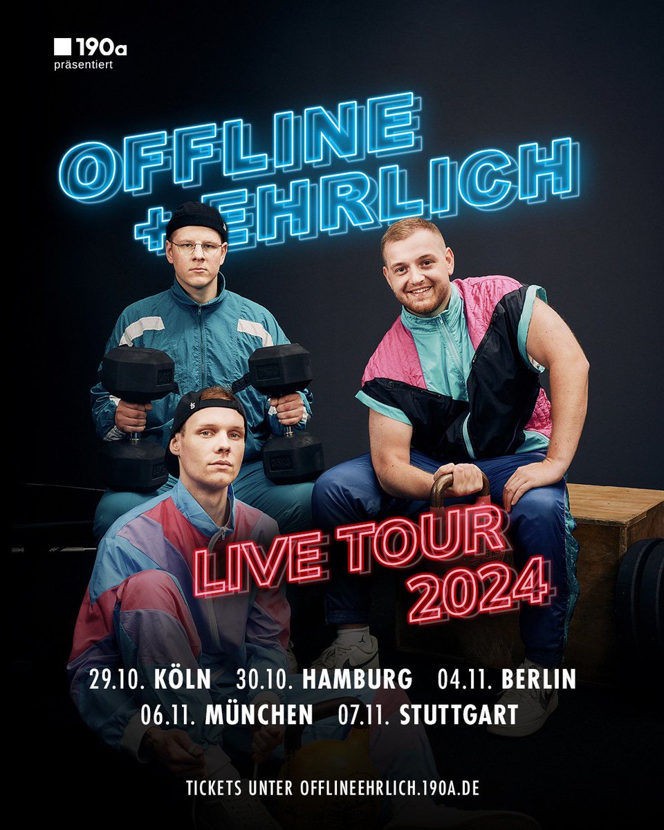 Es wird eine Offline+Ehrlich Live Tour geben! 🔥

Wann? -&gt; 29.10.24. - 07.11.24

Wo? -&gt; Köln, Hamburg, Berlin, München &amp; Stuttgart!

Tickets sind morgen, 02.07.24 ab 12:00 Uhr unter: offlineehrlich.190a.de erhältlich.

Hoffe ihr habt Bock!