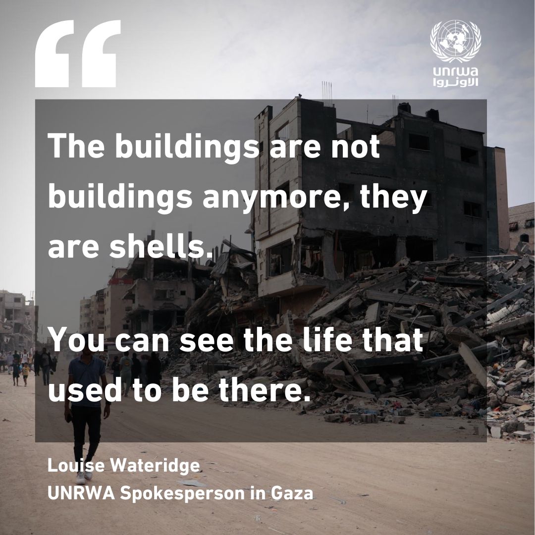 Conditions across the #GazaStrip are apocalyptic: buildings are reduced to rubble, there is almost no clean water and supplies are minimal.

As war and displacement continue, <a href="/UNRWA/">UNRWA</a> needs unimpeded and continuous access to deliver aid and plan humanitarian operations.