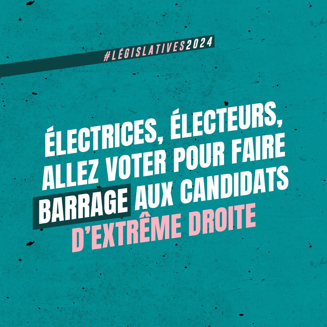 🗣️ En cette période + que troublée, nous avons 2 priorités : 
1) Se déplacer ++++  au vote dimanche prochain pour empêcher un gouvernement RN.

2) Quand il y a 3 candidat-es dont le RN,  nous appelons le parti arrivé dernier à se retirer pour donner + de chances de battre le RN !