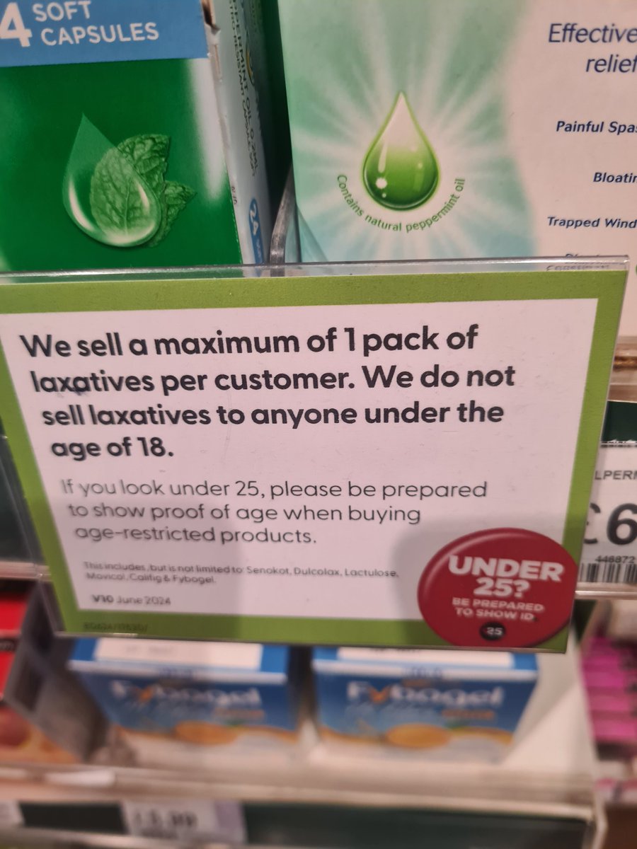 Pleased to see laxatives sales being limited to Over 18s only, and only a single pack at a time. 

Small steps to making the world a slightly safer place for people with eating disorders. 

Great to see shops taking this seriously, especially with harm laxative abuse can do.