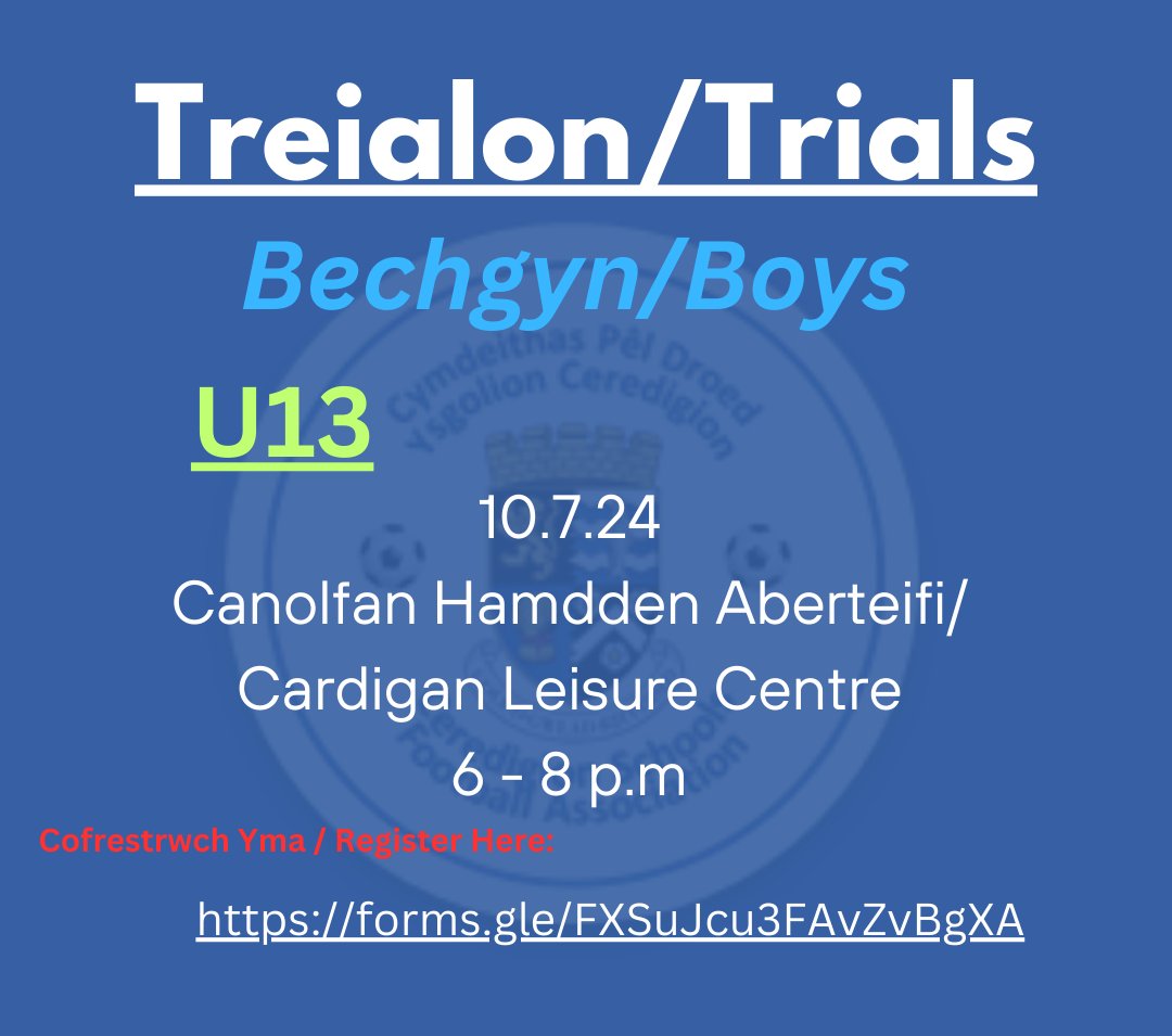Dyma’r linc gofrestru i dreialon y Bechgyn D13/ Here is the link to register for the U13 Boys trials
forms.gle/FXSuJcu3FAvZvB…