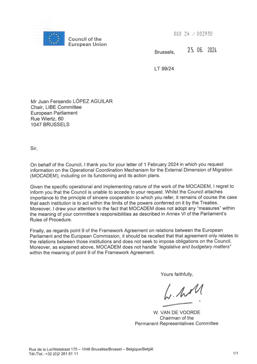 Unbelievable. After ignoring the EP for almost a year,  the Council Presidency now formally rejects to provide clarity on their migration deals working group (MOCADEM).

These sensitive matters deserve to be discussed in the EU's democratic house, not in secretive working groups.