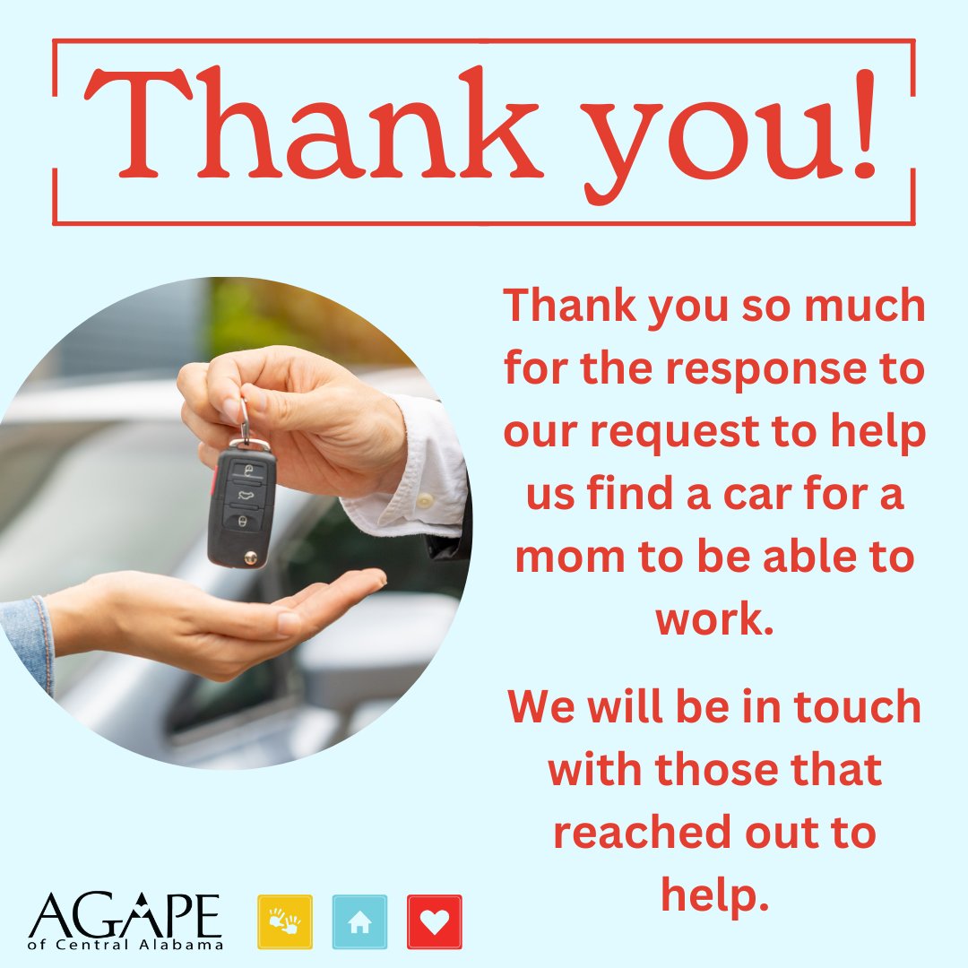 Agape4children's tweet photo. Thank you so much for the response to our request to help us find a car for a mom to be able to work! We will be in touch with those that reached out to help. 

Interested in helping us meet the needs of other moms we serve? Donate here https://t.co/wVguhCyGR4

#agape4children https://t.co/ZxBr60OEs9