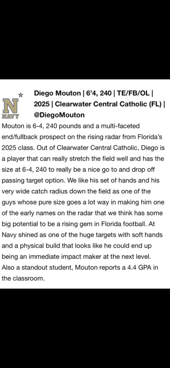 Diego Mouton (@diegomouton) on Twitter photo Thank you <a href="/sixstarfootball/">Six Star Football | PLUS+</a> for the report about my performance at the Navy Football camp! I still have 2 more camps left this summer at Cornell and UPenn this coming weekend | <a href="/CoachCHarvey/">Chris Harvey</a> <a href="/CCCMaraudersFB/">CCC Marauders Football</a> <a href="/CoachWimberly/">Brent W.</a> <a href="/Sean_Reeder/">Sean Reeder</a> Thank you <a href="/sixstarfootball/">Six Star Football | PLUS+</a> for the report about my performance at the Navy Football camp! I still have 2 more camps left this summer at Cornell and UPenn this coming weekend | <a href="/CoachCHarvey/">Chris Harvey</a> <a href="/CCCMaraudersFB/">CCC Marauders Football</a> <a href="/CoachWimberly/">Brent W.</a> <a href="/Sean_Reeder/">Sean Reeder</a>