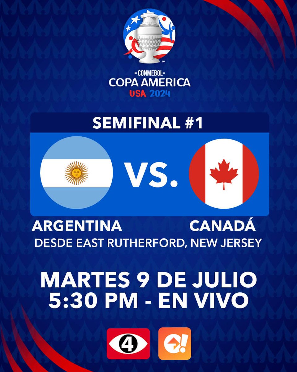 Canal4TCS's tweet photo. 💥¡COPA AMÉRICA POR EL 4! 🏆

Vive todas las emociones de las semifinales.✨

🇦🇷Argentina🆚Canadá 🇨🇦
🗓️Martes 09 de Julio
⏰5:30 P.M.

#CopaAméricaxEl4 | #tcsgo https://t.co/1Yk9wuG4Uw