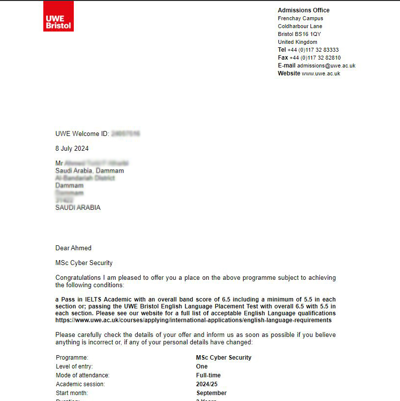تهانينا للطالب على قبوله في جامعة UWE لدراسة الماجستير في تخصص الأمن السيبراني! إنه إنجاز رائع وفرصة مميزة للنمو الأكاديمي والمهني. نتمنى له كل التوفيق والنجاح في رحلته الدراسية الجديدة.
#دراسة_في_الخارج
#منح_دراسية
#تعليم_عالمي
#طلاب_دوليين
#تعليم_عالي
#رحلة_الدراسة_في_الخارج