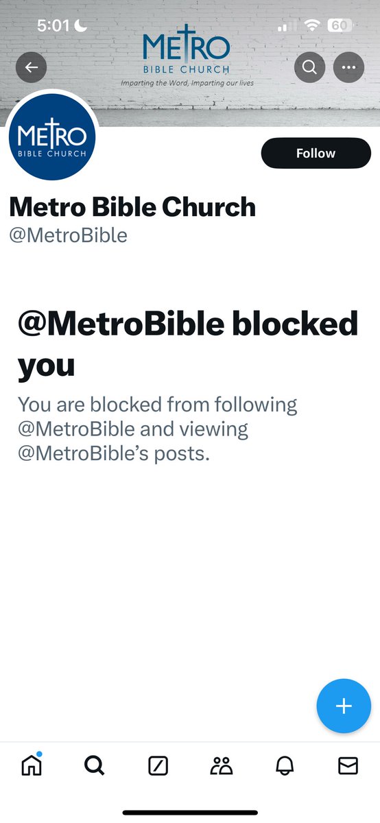 Got blocked.  @MetroBible doesn’t like it when you “tell it like it is” I will always speak up about how Metro Bible treats its small congregation.  It’s elder worship not Jesus focused and a dangerous place to be.  Avoid at all costs.   #spiritualabuse