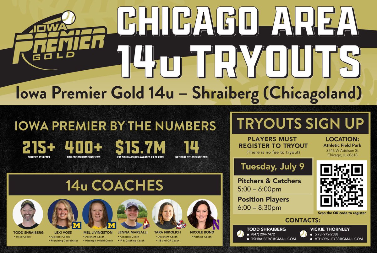 Iowa Premier 14u Gold - Shraiberg (@ipf_shrai) on Twitter photo Hey Chicagoland! 1️⃣ more day until our 14u Tryouts! Got what it takes to live the #IPFLife? Show us‼️
📅Tues 7/9
⏰PitchersCatchers: 5-6pm
⏰PositionPlayers: 6-8:30pm
📍Athletic Field Park, 3546 W Addison,Chicago60612
❓ vthornley33@gmail.com
<a href="/IowaPremierFP/">Iowa Premier Fastpitch</a> <a href="/IP_09_Chi/">Iowa Premier 16U - Carroll 🥎</a>
Register👇 Hey Chicagoland! 1️⃣ more day until our 14u Tryouts! Got what it takes to live the #IPFLife? Show us‼️
📅Tues 7/9
⏰PitchersCatchers: 5-6pm
⏰PositionPlayers: 6-8:30pm
📍Athletic Field Park, 3546 W Addison,Chicago60612
❓ vthornley33@gmail.com
<a href="/IowaPremierFP/">Iowa Premier Fastpitch</a> <a href="/IP_09_Chi/">Iowa Premier 16U - Carroll 🥎</a>
Register👇