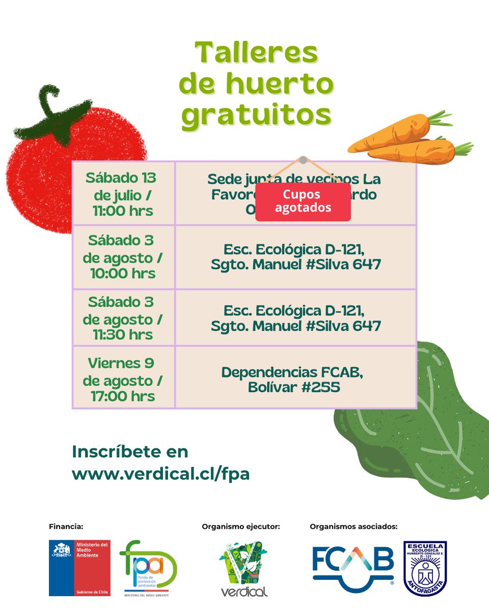 VerdicalCL's tweet photo. Talleres en #Antofagasta . En estos, las y los participantes aprenderán todo lo necesario para tener un huerto en sus hogares 🙌🏽.
👉🏽Para participar y conocer más detalles de los talleres visita https://t.co/kgyDBxlbsM 😄
Financiado por el Fondo de Protección Ambiental 2024 https://t.co/4rt5D5jpbI