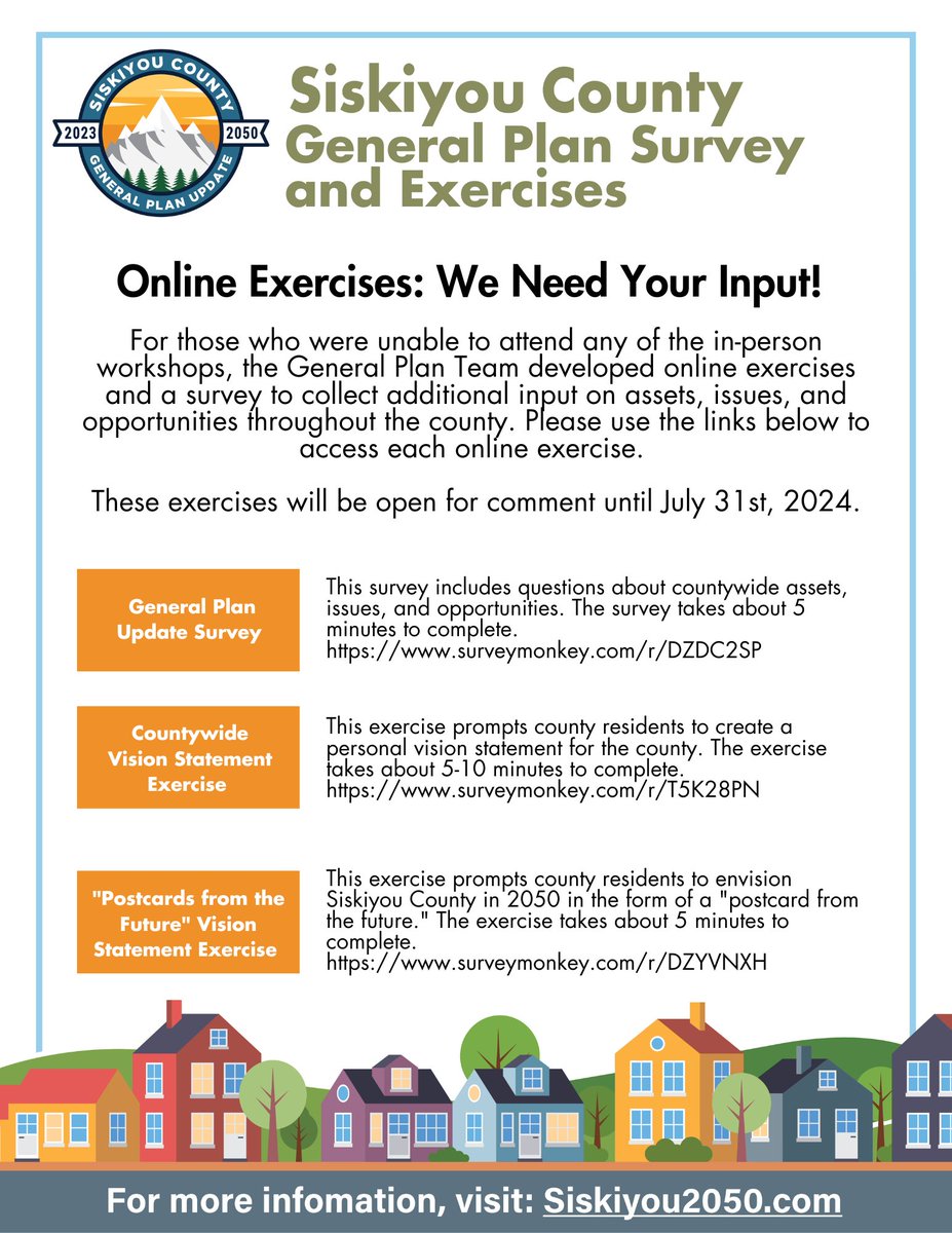 We need your input!

Siskiyou County General Plan Survey and Exercises

Learn more: siskiyou2050.com