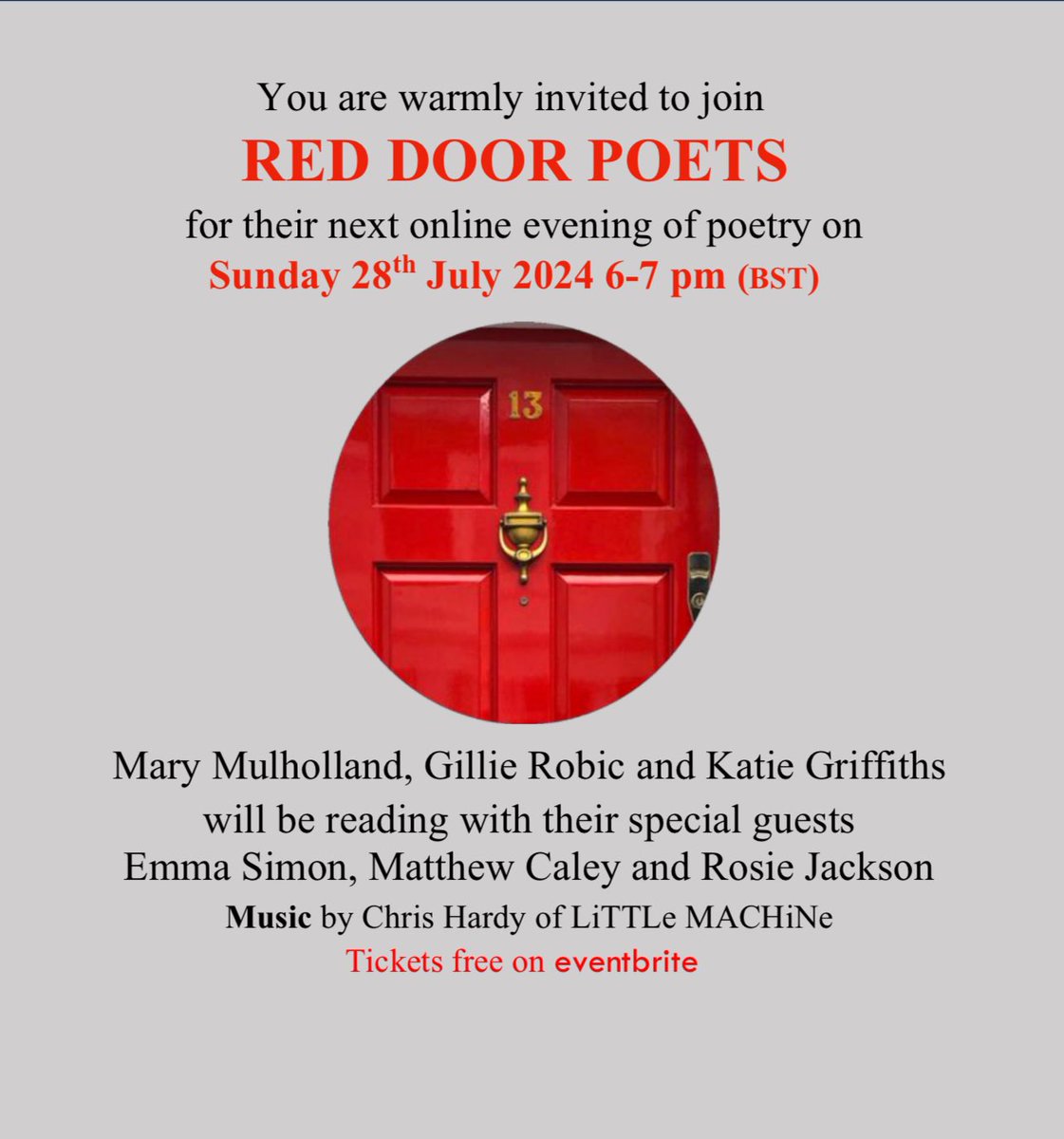 🌟Coming up on Sunday 28th July 6pm <a href="/reddoorpoets/">@RedDoorPoets</a> <a href="/MaryMulhol/">Mary Mulholland</a> <a href="/GillieRobic/">Gillie Robic</a> &amp; <a href="/kmngriffiths/">Katie Griffiths</a> reading with brilliant guests <a href="/SimpleSimonEmma/">Emma Simon</a> Matthew Caley &amp; <a href="/_rosiejackson/">Rosie Jackson</a> Not to be missed! 
eventbrite.co.uk/e/red-door-poe…