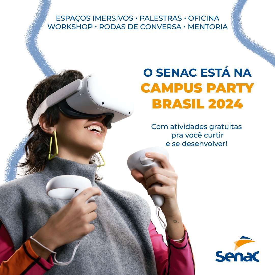 CampusPartyBRA's tweet photo. Quer Saber?
De 9 a 14 de julho, o SENAC estará na Campus Party Brasil 2024 com inúmeras
atividades gratuitas pra você curtir e se desenvolver!
Venha pra Expo Center Norte viver essa experiência com a gente!
#VemPraCampus #SenacSP https://t.co/vcMahqCSL0