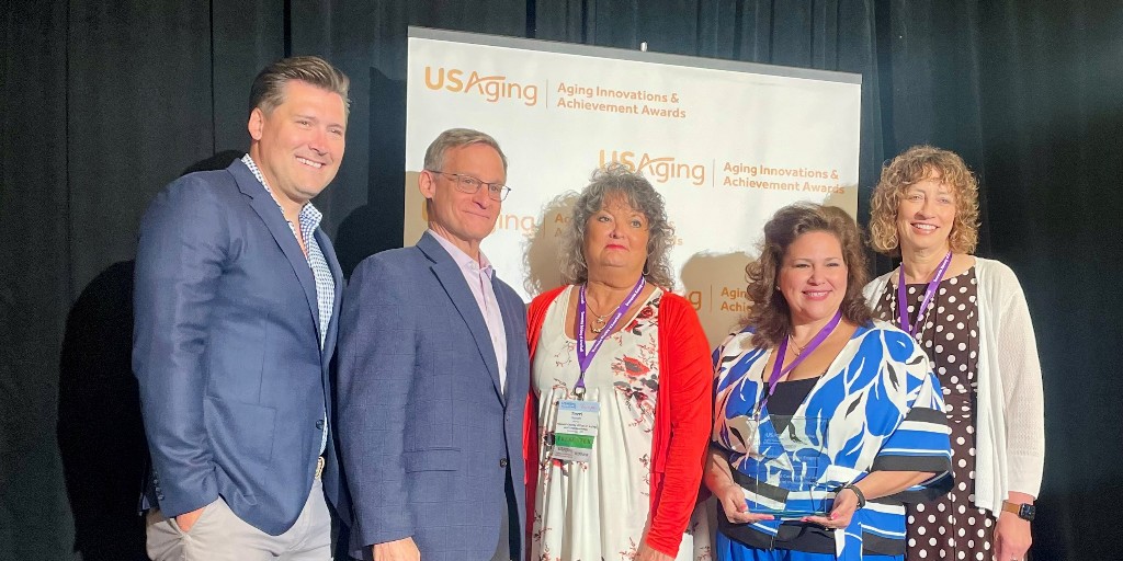 HoCoCommunity's tweet photo. #HoCoAging received the 2024 @theUSAging Aging Innovations Award for its #AgeismAwareness Program today at the #USAging24 conference. Attendees: Ofelia Ott, administrator, Office on Aging &amp; Independence (second from left); Terri Hansen, mgr., #AgeFriendly Howard County (center). https://t.co/AaXyMBPKM6