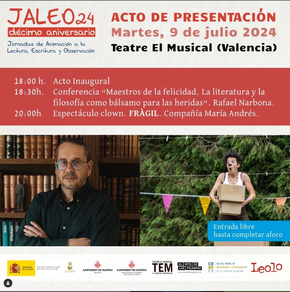 Mañana impartiré en Valencia la conferencia inaugural de Jaleo 24. Jornadas de Animación a la Lectura y la Escritura. Será en el Teatre El Musical y la entrada será libre hasta completar aforo. Os espero.