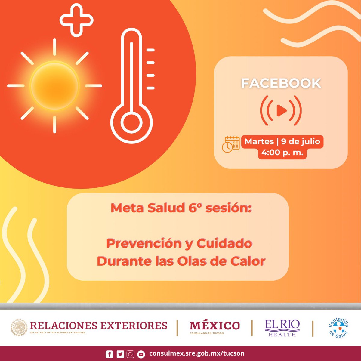 ConsulMexTuc's tweet photo. ¡El calor puede ser dañino! ♨️ Las personas pueden sufrir enfermedades relacionadas con el calor cuando sus cuerpos no se enfrían apropiadamente ⚠️
📌 Encuentra más consejos y recursos para protegerte del calor este martes 9 de julio a las 4:00 p. m.
#VDS #Cuidatedelcalor https://t.co/VpQ2MAsfMT