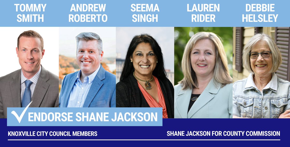 I’m honored to have earned the esteemed endorsements of City Council members Tommy Smith, Andrew Roberto, Seema Singh, Lauren Rider, and Debbie Helsley! 🎉 

I’m incredibly proud of the progressive change we’ve seen in Knoxville thanks to the leadership of these public servants.