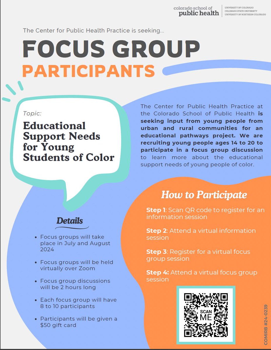 CBHCFLOW4Life's tweet photo. The Colorado School of Public Health is offering young people of color a chance to earn a $50 gift card by joining their virtual focus group for the Educational Pathways Program. Their aim is to understand the educational support needed for their academic success. https://t.co/RFjfpr8xww