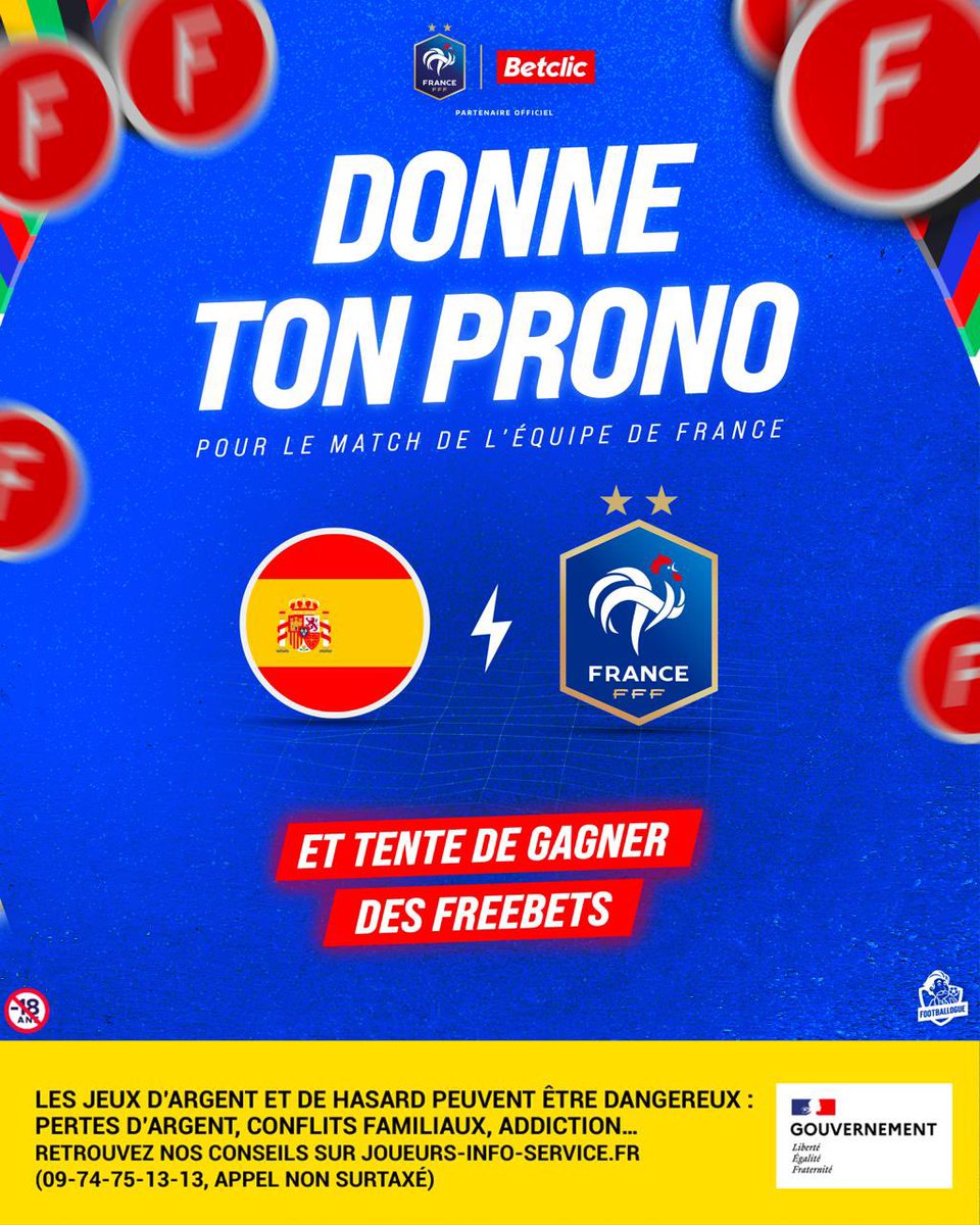 Footballogue (@footballogue) on Twitter photo ๐๐ข๐ก๐ก๐ ๐ง๐ข๐ก ๐ฃ๐ฅ๐ข๐ก๐ข โฝ๏ธ
Donne ton pronostic (le score) pour le match de demain soir #ESPFRA ! ๐ต๐น๐ซ๐ท
๐ ๐ฑ๐
๐ญ๐ฌโฌ ๐ฑ๐ฒ ๐๐ฅ๐๐๐๐๐ง๐ฆ* ๐ฎฬ ๐ด๐ฎ๐ด๐ป๐ฒ๐ฟ !
๐ Tirage au sort le 10 juillet parmi les bonnes rรฉponses. Pense ร suivre @betclic pour รชtre รฉligible au TAS. Jeu ๐๐ข๐ก๐ก๐ ๐ง๐ข๐ก ๐ฃ๐ฅ๐ข๐ก๐ข โฝ๏ธ
Donne ton pronostic (le score) pour le match de demain soir #ESPFRA ! ๐ต๐น๐ซ๐ท
๐ ๐ฑ๐
๐ญ๐ฌโฌ ๐ฑ๐ฒ ๐๐ฅ๐๐๐๐๐ง๐ฆ* ๐ฎฬ ๐ด๐ฎ๐ด๐ป๐ฒ๐ฟ !
๐ Tirage au sort le 10 juillet parmi les bonnes rรฉponses. Pense ร suivre @betclic pour รชtre รฉligible au TAS. Jeu