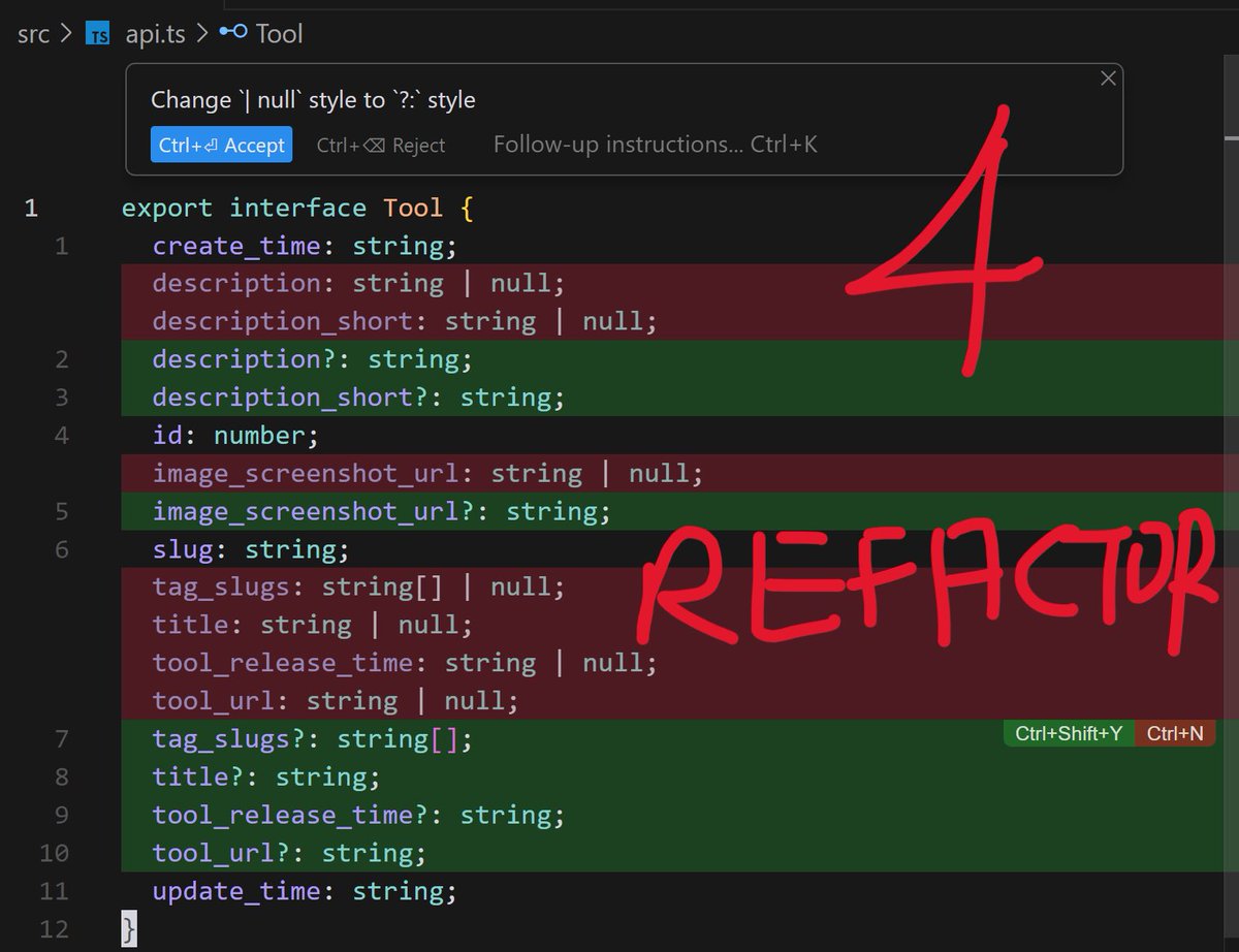HackerQED's tweet image. Cursor 36 Stratagems 1: Macro Refactoring

AI automation of some tasks, which are easy to describe in natural language but tedious to edit manually. (Cursor is an AI-powered VSCode).

Steps: SQL in 1, generator made 2, AI generated 3 (not perfect), macro refactoring gave us 4.