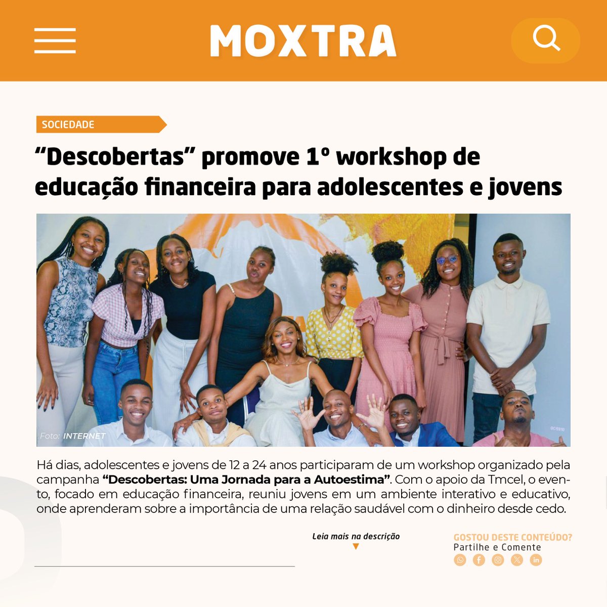 Moxtra_'s tweet photo. "DESCOBERTAS" PROMOVE 1º WORKSHOP DE EDUCAÇÃO FINANCEIRA PARA ADOLESCENTES E JOVENS

Há dias, adolescentes e jovens de 12 a 24 anos participaram de um workshop organizado pela campanha "Descobertas: Uma Jornada para a Autoestima". 

#moxtra #notícias #descobertas #eduacaçãofinanc https://t.co/lOBv6Gk9pS