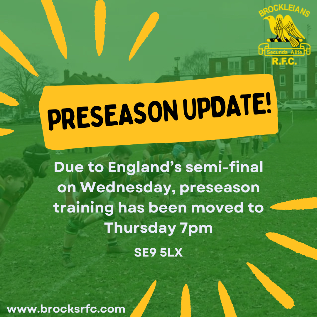 Due to England having their semi-final on Wednesday, we have decided to move preseason training to Thursday at 7pm!

Come on down and enjoy whether you have ever played rugby before or not, and join in the fun!

#brocksrfc