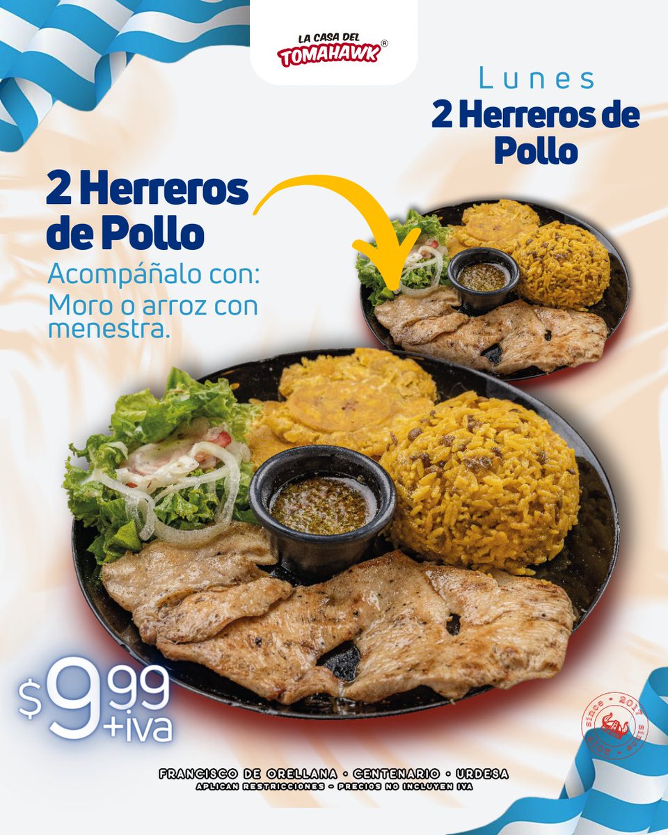 TomahawkEc's tweet photo. Los #lunes tenemos para ti 2 Herreros de pollo por $9.99+iva, para que empieces la semana recargado

No olvides que mañana #martes la #semifinal de la #Eurocopa se vive #ALoGrande en Tomahawk

#TomahawkEcuador #TomahawkSTeak #MomentosTomahawk #viral #foryou #parati #smashburgers https://t.co/4E4jjz69sP