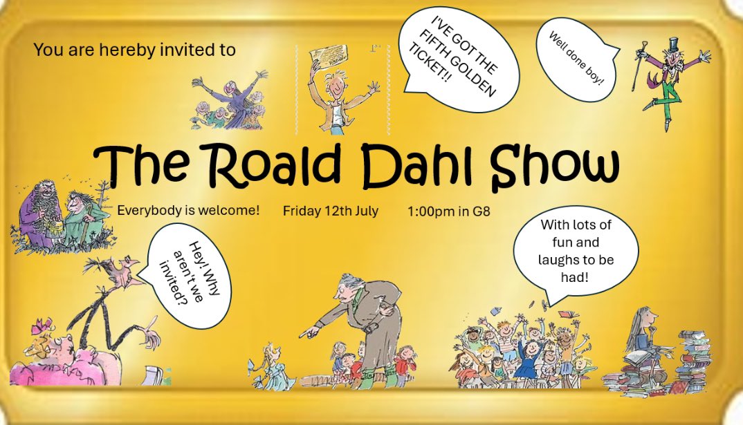 Evelyn from Year 7 Drama Club has created a wonderful poster to advertise our showcase performance on Friday 12th July 👏🏼 Show starts at 1:00 in G8 for WKGS staff and students. Come along  to see extracts from #Matilda #Witches and more! 🎭 <a href="/WestKirbyGS/">West Kirby Grammar School</a> <a href="/WKGS_Theatre/">WKGS Drama Department</a>