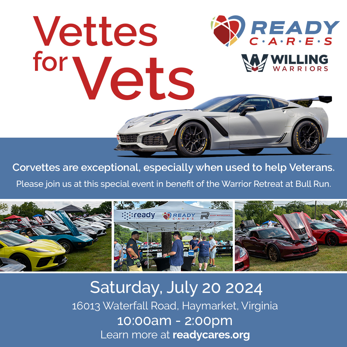 ready_cares's tweet photo. Next Saturday! 📣 Join Ready Cares, Willing Warriors @SOWW_va, and @One10Ten_ at the upcoming Vettes For Vets #Corvette car show and #fundraiser!

📍 Haymarket, Virginia

📆 Saturday, July 20th

🚘 Check out cool cars and support our #Veterans

https://t.co/1Zxtb1RPhd

#CarShow https://t.co/9zduidC1ai