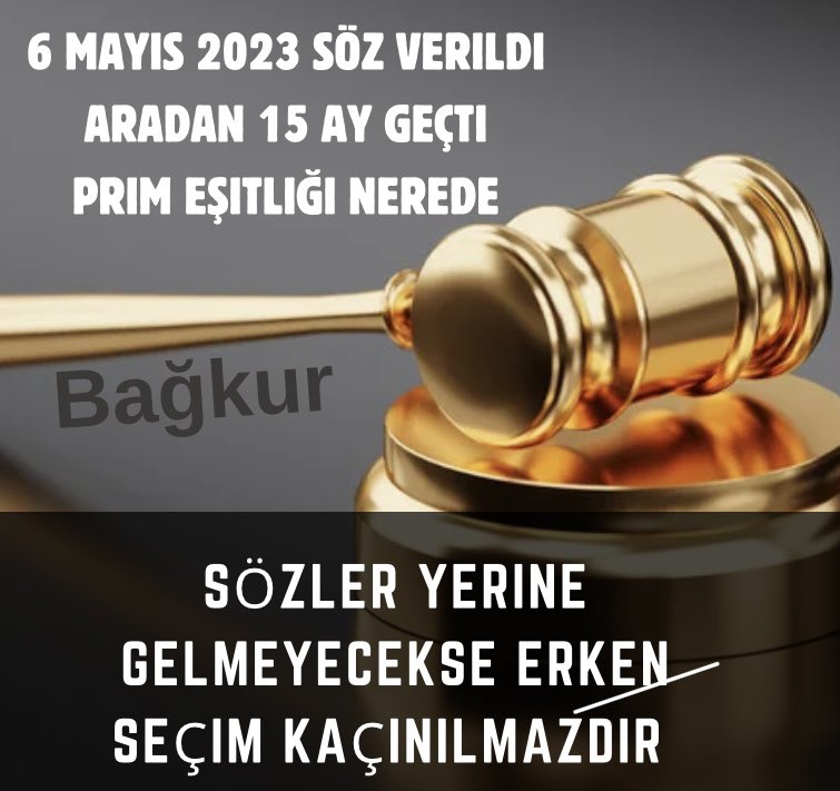 Bağkur için erken seçim kaçınılmazdır ..!! 
Verilen sözler yerine getirilmedi ..!! Hükümetler söz verme yerl değil icraat makamlarıdır ..!! 
<a href="/RTErdogan/">Recep Tayyip Erdoğan</a>
<a href="/eczozgurozel/">Özgür Özel</a>  
<a href="/dbdevletbahceli/">Devlet Bahçeli</a>
#Bagkur #Prim #İhya