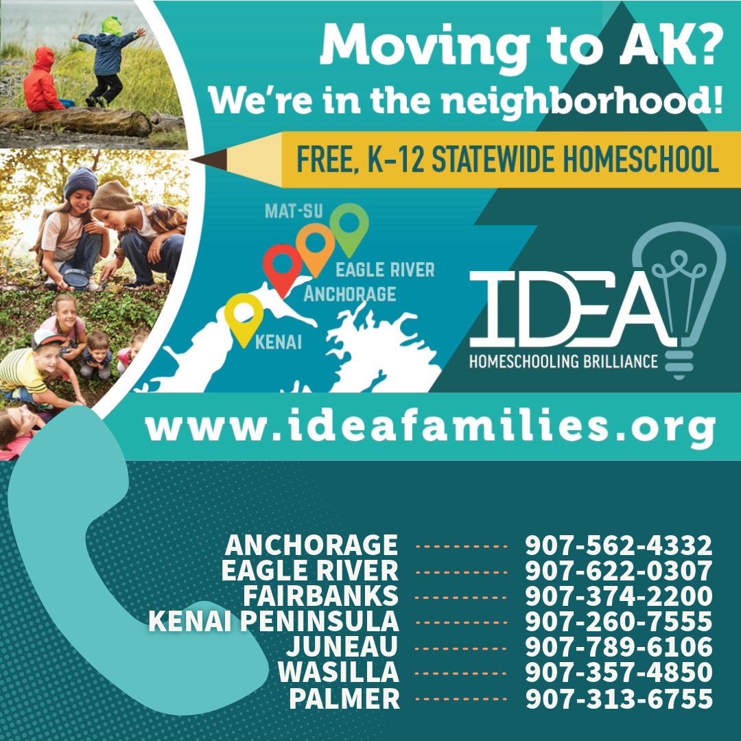 Moving to or around Alaska?...IDEA now has 8 regional locations to serve families statewide!

1. Anchorage
2. Eagle River
3. Fairbanks
4. Kenai Peninsula (Soldotna)
5. Kenai Peninsula (Homer/Anchor Pt.)
6. Juneau
7. Mat-Su (Wasilla)
8. Mat-Su (Palmer)

#homeschoolingbrilliance