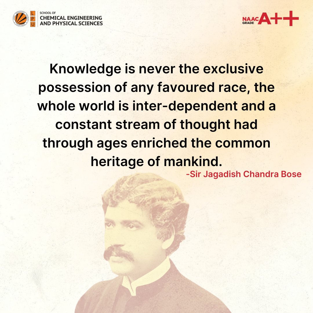 LPUChemicalEngg's tweet photo. Sir Jagadish Chandra Bose(30 November 1858 – 23 November 1937) was a polymath with interests in biology, physics, botany and writing science fiction.
#lpuuniversity #lpu #admissions2024 #lpuadmissions #college #lpunest #privateuniversity #thinkbig #sceps#chemicalengineering https://t.co/C4gqXTMc4j