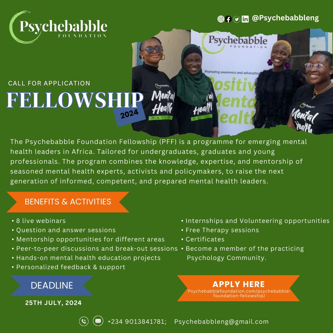 PsychebabbleNG's tweet photo. Psychebabble Foundation MENTAL HEALTH FELLOWSHIP for emerging mental healtg leaders in Africa.
The program combines knowledge & expertise of seasoned mental health experts, activists & policymakers.
Apply here: https://t.co/TZ0z6FQyXY
#Psychebabblefoundationfellowship #PFF https://t.co/KF2Tua9i9j
