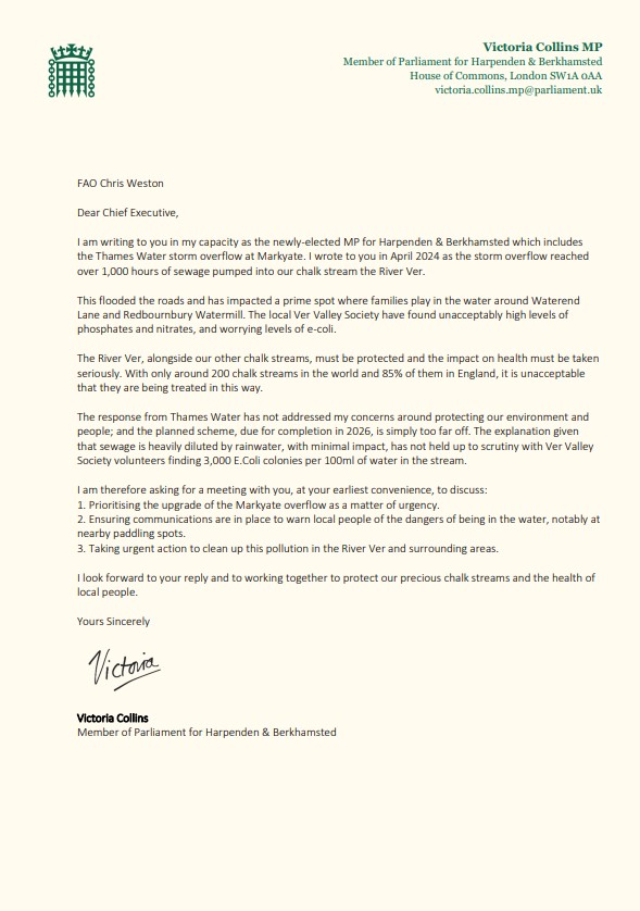 ✉️ At the end of my first official day in Parliament I have written to Thames Water CEO about the pollution in our River Ver.

💩 This damage to our chalk streams cannot go on and I thank local groups, including the Ver Valley society, for their hard work on this issue.