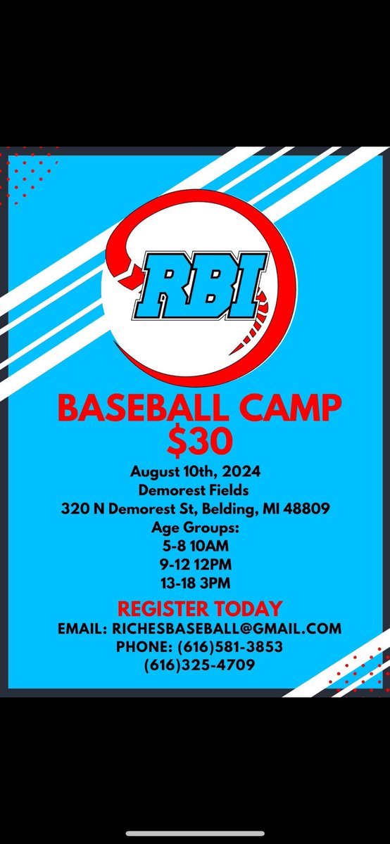 RichesBaseball's tweet photo. Follow the link below to get signed up. Each player signed up no later than July 26th will receive a RBI camp shirt. Walk ups the day of camp are welcome but a shirt is not guaranteed.   

https://t.co/SYlFFdRCor

https://t.co/fQKovKU6R0 https://t.co/YW8NkR9CNw